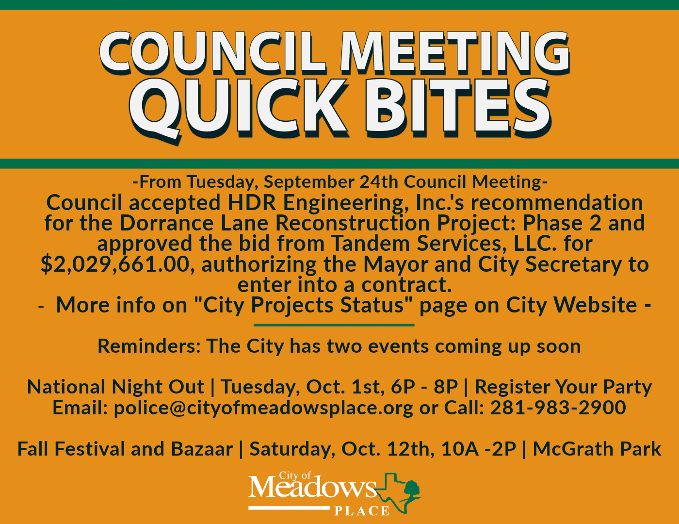 COUNCIL QUICK BITES SEPTEMBER 24, 2024 City of Meadows Place