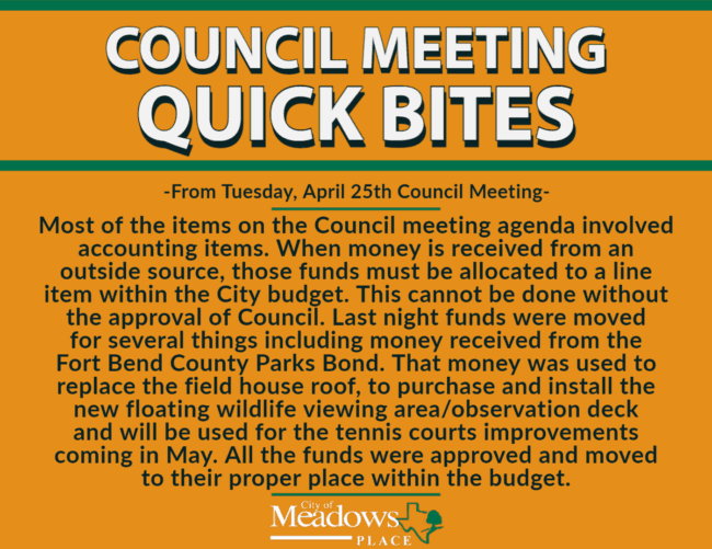 COUNCIL QUICK BITES APRIL 25, 2023 City of Meadows Place